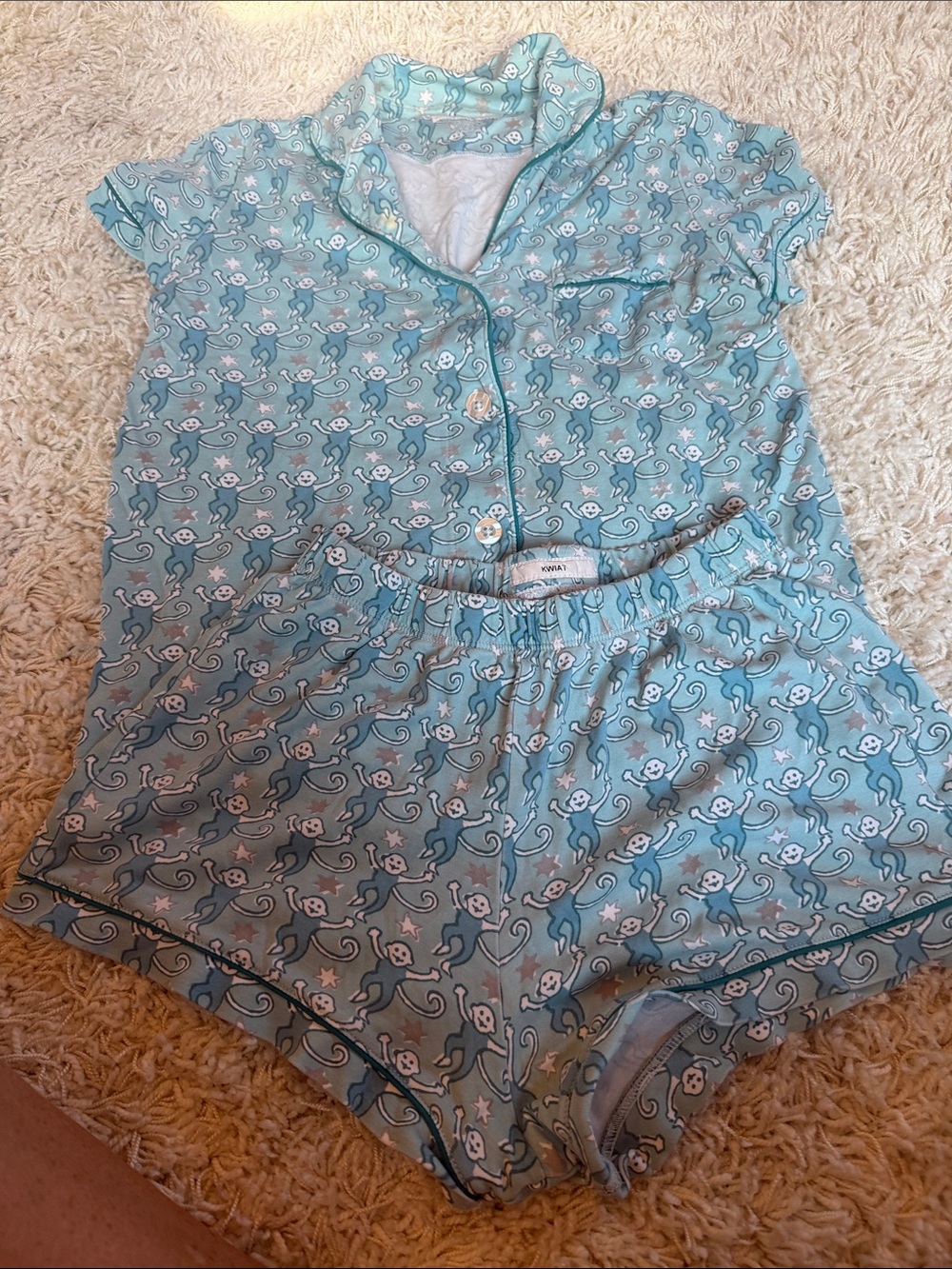 Roller Rabbit Light Aqua Monkey-Print Short Sleeve Pajama Set